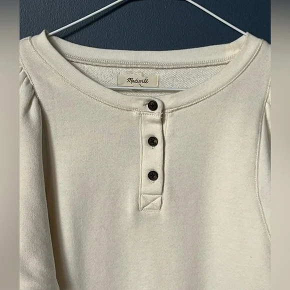 Madewell Puff-Sleeve Henley Sweatshirt - Antique Cream/White - Size XXS. 1070 - Picture 2 of 8
